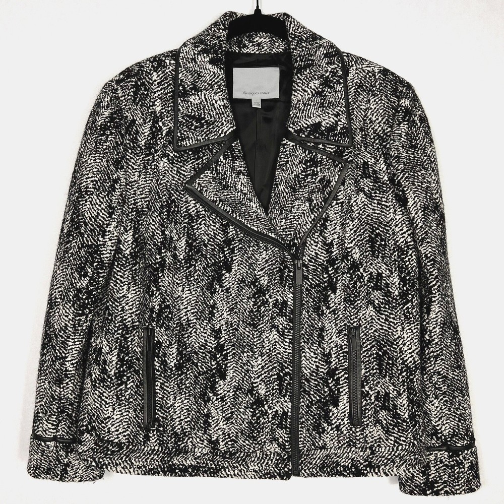 Classiques Entier Crop Moto Jacket Womens Large Black White Wool Blend Zip Up